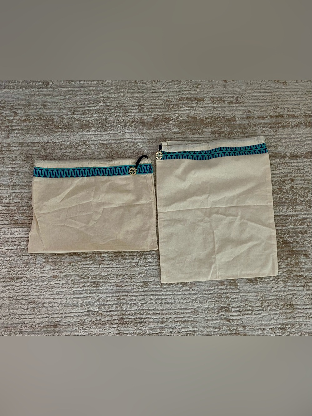 Tory Burch Canvas Dust Bag Blue with Purple and Gold Trim Logo Charm